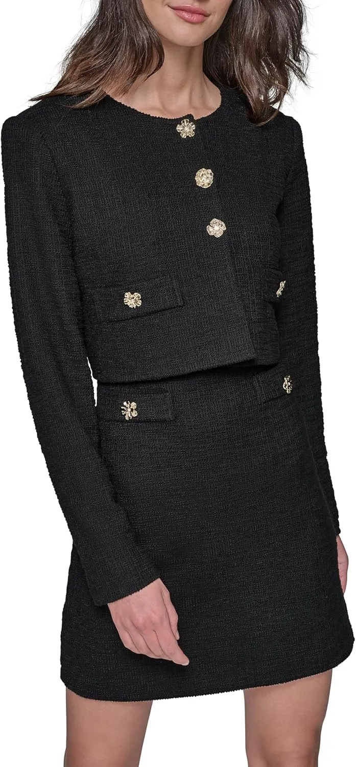 Karl Lagerfeld Paris Women's Tweed Solid Scoop Neck Cropped Knit Blazer
