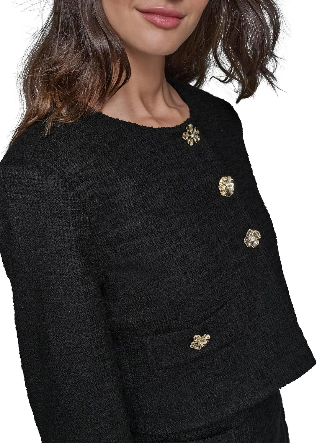 Karl Lagerfeld Paris Women's Tweed Solid Scoop Neck Cropped Knit Blazer