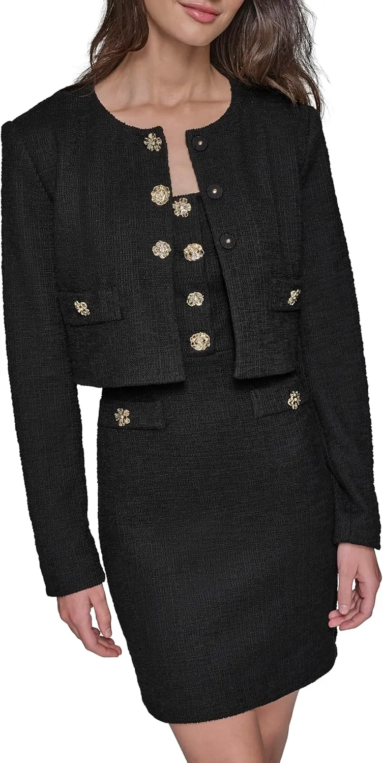 Karl Lagerfeld Paris Women's Tweed Solid Scoop Neck Cropped Knit Blazer