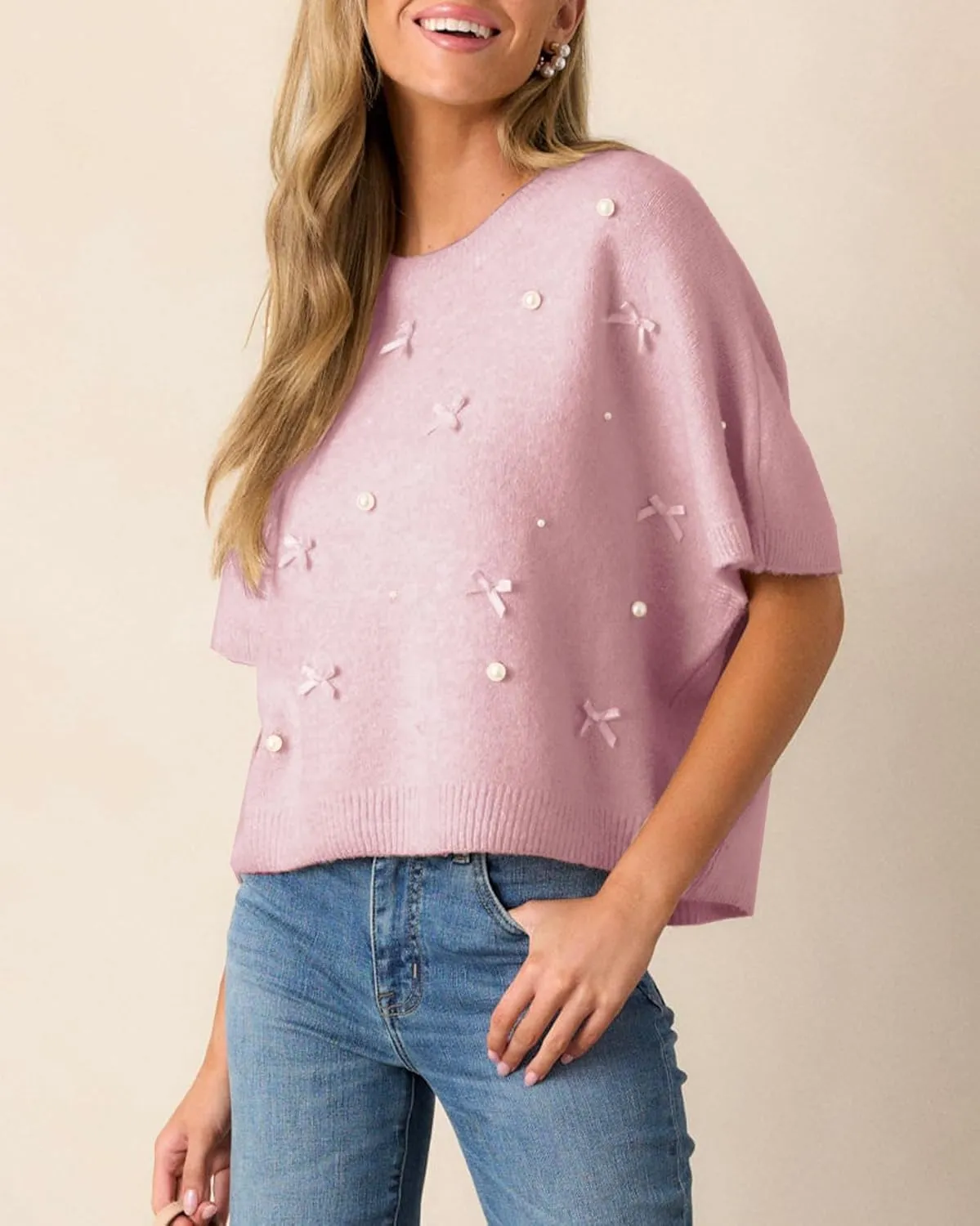 Kedera Womens Short Sleeve Bow Sweater Crewneck Cropped Pearl Top Bow Embellished Top Loose Pullover Thick Knitwear