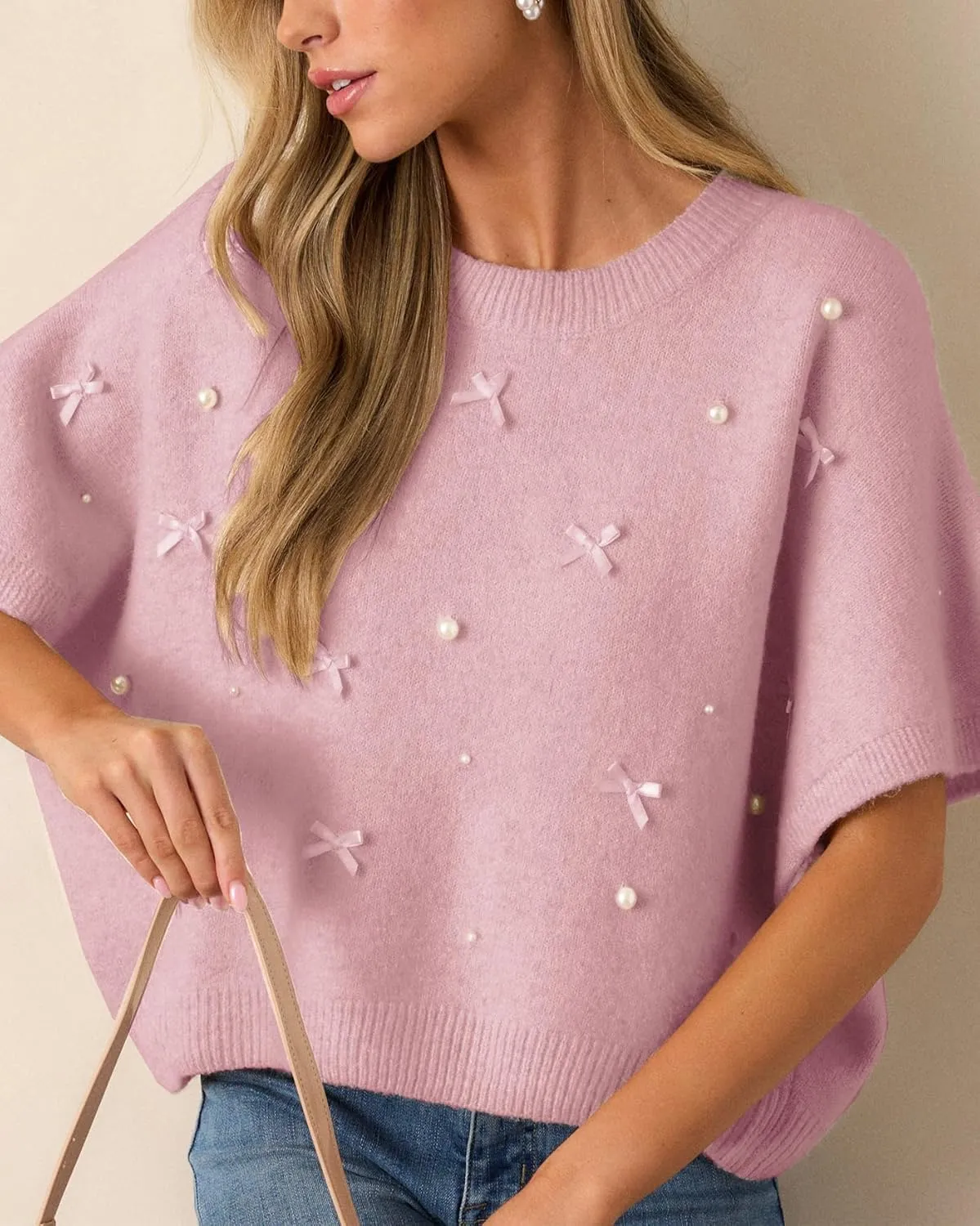 Kedera Womens Short Sleeve Bow Sweater Crewneck Cropped Pearl Top Bow Embellished Top Loose Pullover Thick Knitwear