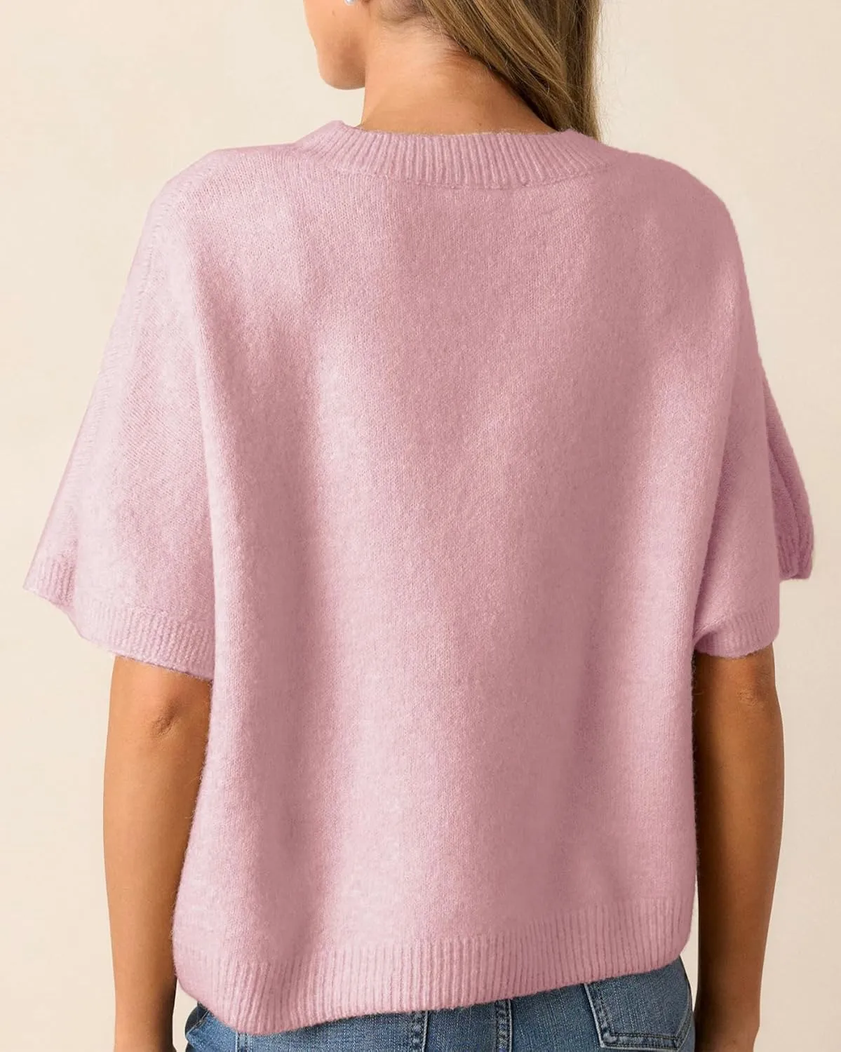 Kedera Womens Short Sleeve Bow Sweater Crewneck Cropped Pearl Top Bow Embellished Top Loose Pullover Thick Knitwear