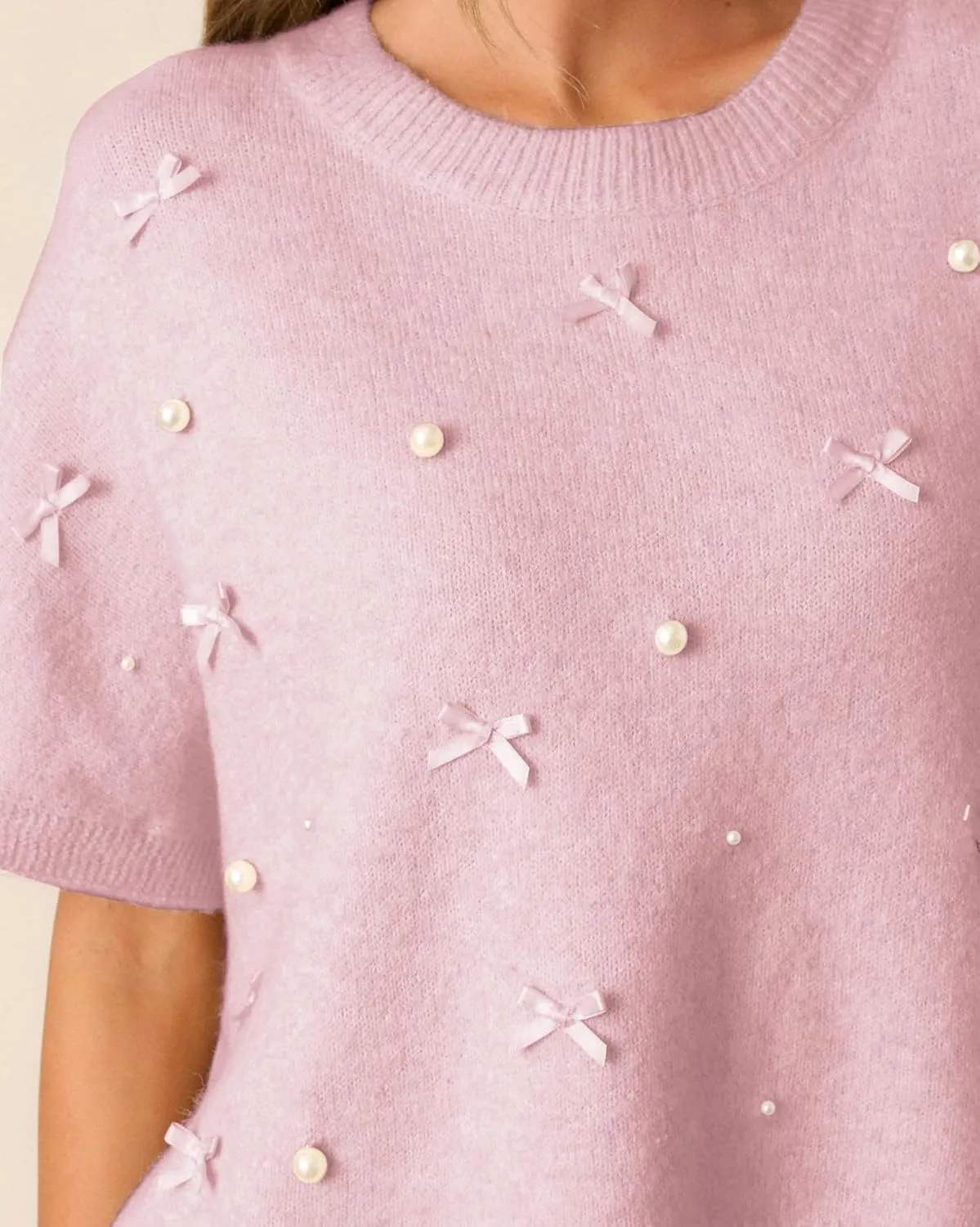 Kedera Womens Short Sleeve Bow Sweater Crewneck Cropped Pearl Top Bow Embellished Top Loose Pullover Thick Knitwear