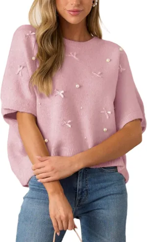 Kedera Womens Short Sleeve Bow Sweater Crewneck Cropped Pearl Top Bow Embellished Top Loose Pullover Thick Knitwear
