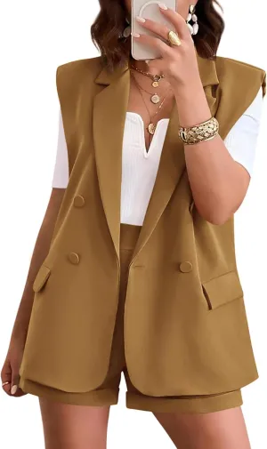 KIRUNDO Womens 2 Piece Sets Summer 2025 Dressy Sleeveless Blazer and High Waist Shorts Set Suit Business Casual Outfits