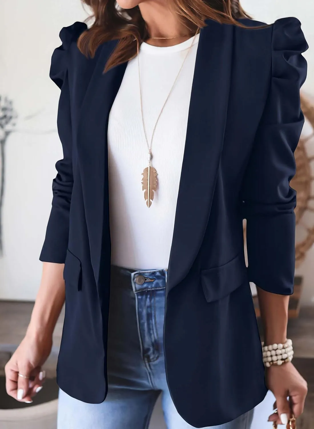 KIRUNDO Women's 2025 Spring Fall Casual Blazers Puff Sleeve Lapel Open Front Work Suit Office Blazer Jackets with Pockets