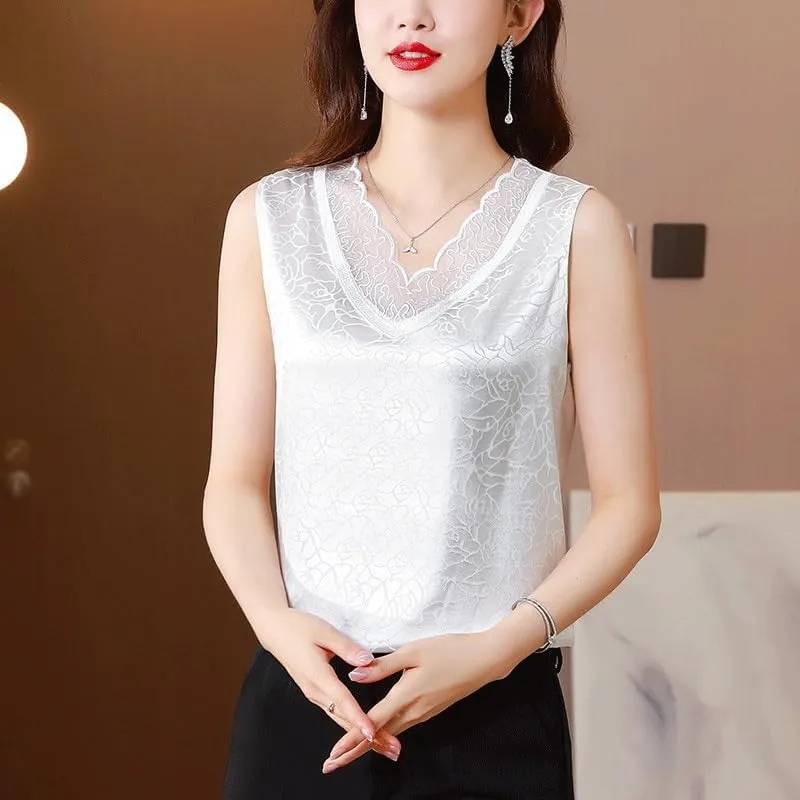 Lace Camisole Inner Suit Fashionable V-Neck Bottoming Shirt, Sleeveless Satin Top for Women(OneColor,XL)