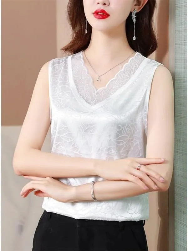 Lace Camisole Inner Suit Fashionable V-Neck Bottoming Shirt, Sleeveless Satin Top for Women(OneColor,XL)