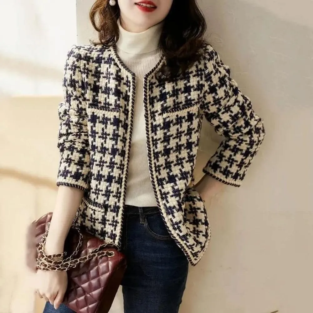 LALUNE Tweed Retro Suit Jacket 3 Pack Women Winter Autumn Fragrance Lady Temperament Round Neck Casual Plaid Blazers