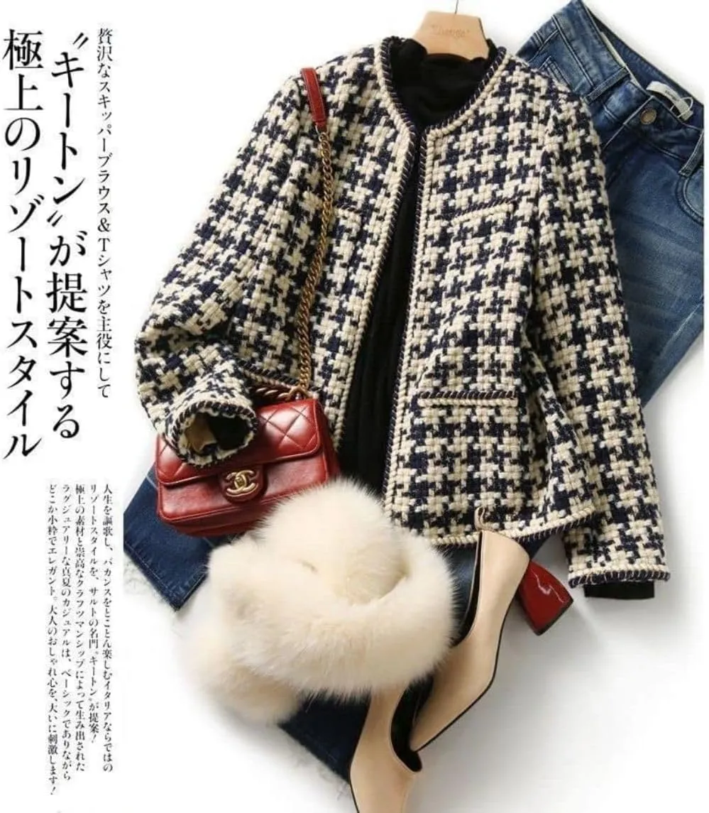 LALUNE Tweed Retro Suit Jacket 3 Pack Women Winter Autumn Fragrance Lady Temperament Round Neck Casual Plaid Blazers