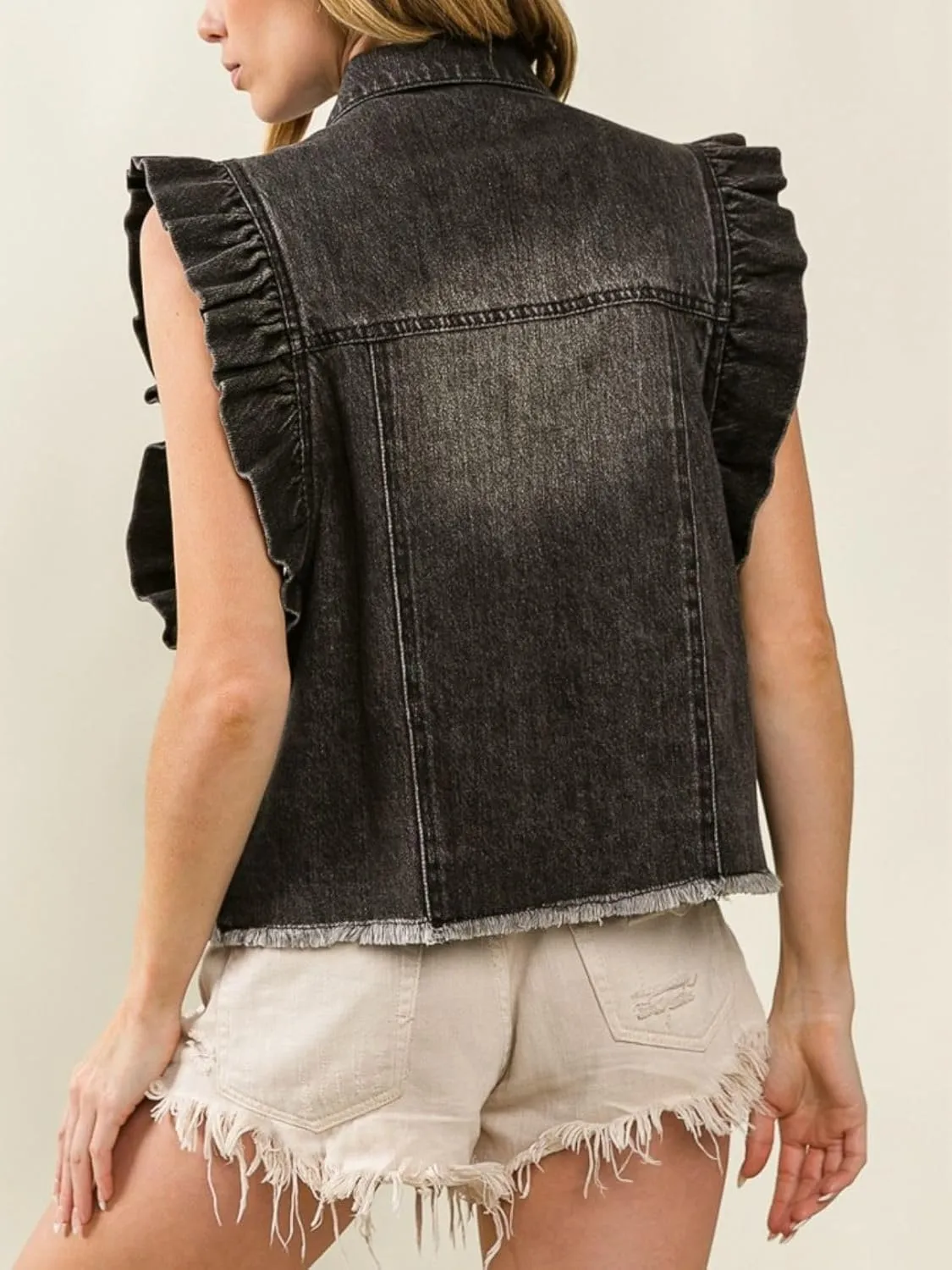 LAVASEON Women's Button Down Denim Vest Ruffled Sleeveless Oversized Jean Vest Top Turn Down Collar Jacket