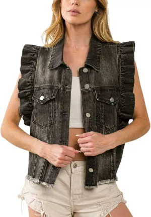 LAVASEON Women's Button Down Denim Vest Ruffled Sleeveless Oversized Jean Vest Top Turn Down Collar Jacket
