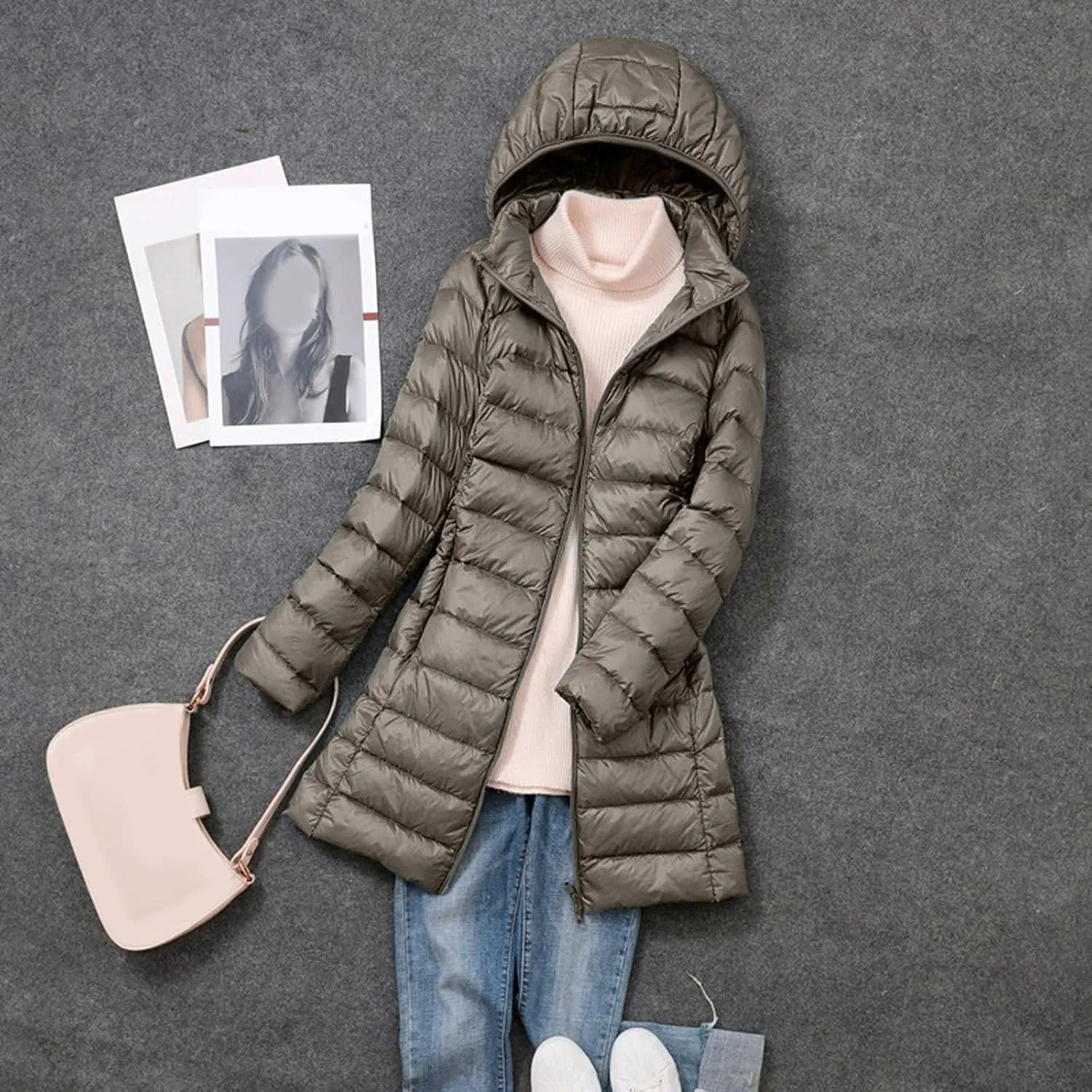 Lightweight Packable Hooded Puffer Jacket Womens Quilted Winter Down Coat Full-Zip Ski Jacket Coat Trech Coat Pea Coats