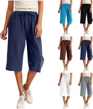 Linen Capri Pants for Women 2025 Casual Summer Capris Drawstring High Waist Pants Wide Leg Cropped Trousers w/Pockets