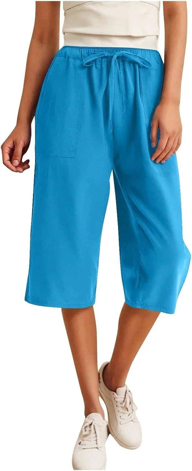 Linen Capri Pants for Women 2025 Casual Summer Capris Drawstring High Waist Pants Wide Leg Cropped Trousers w/Pockets