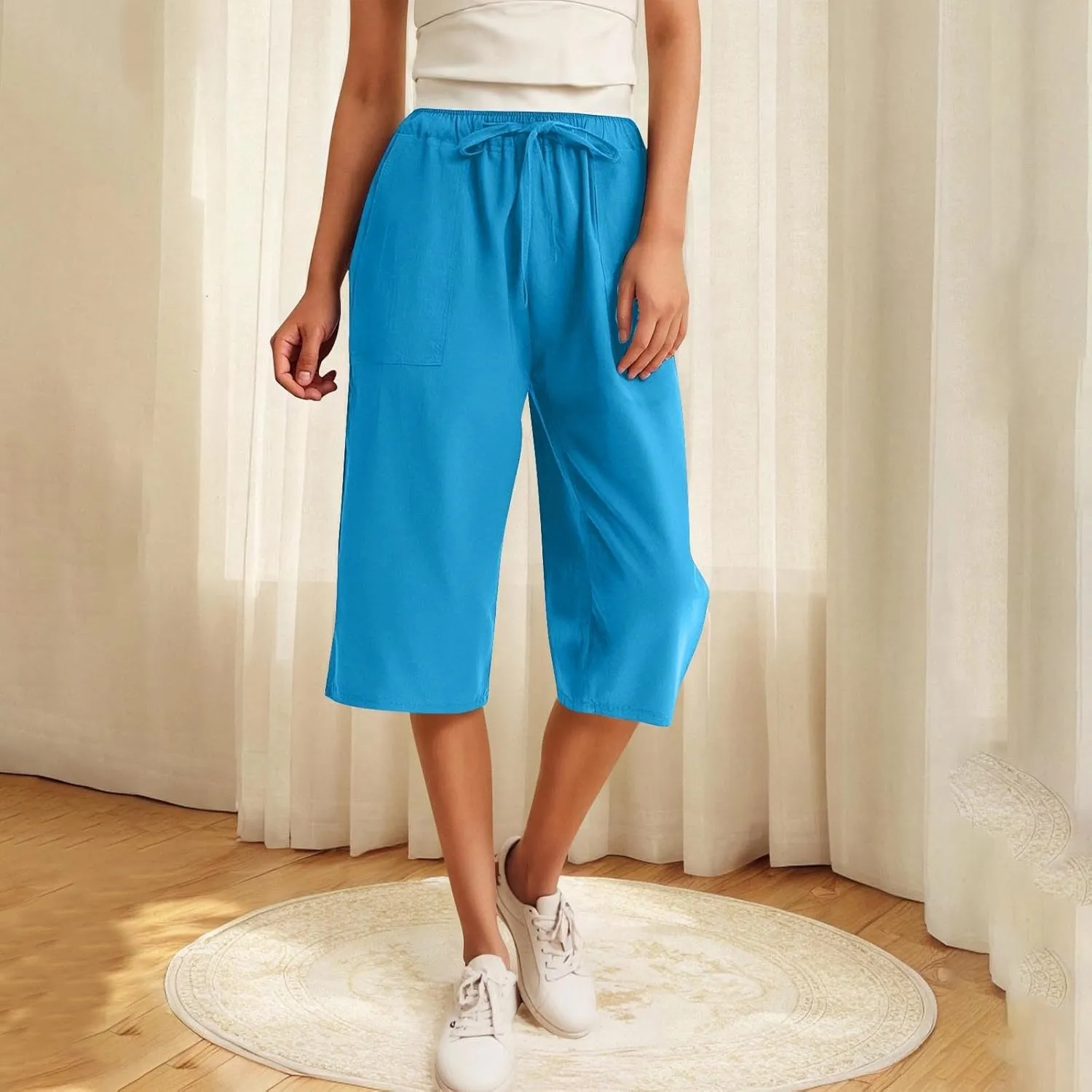 Linen Capri Pants for Women 2025 Casual Summer Capris Drawstring High Waist Pants Wide Leg Cropped Trousers w/Pockets