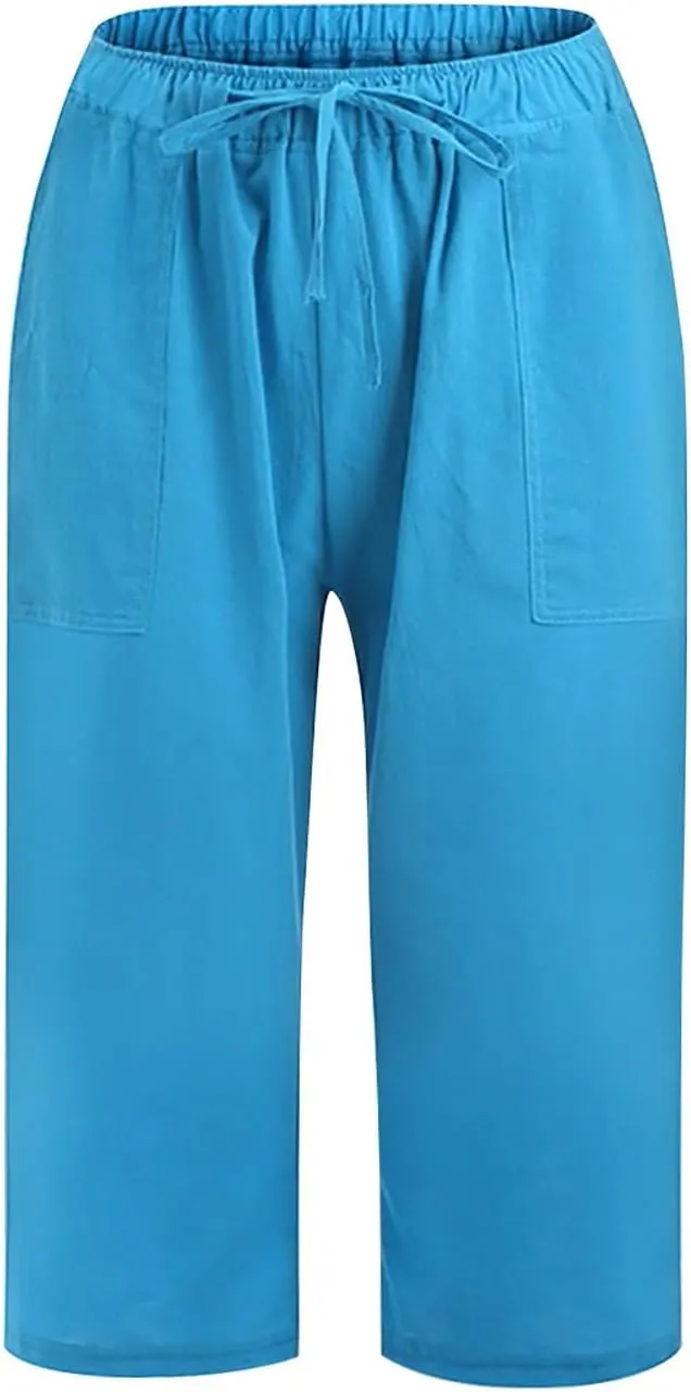 Linen Capri Pants for Women 2025 Casual Summer Capris Drawstring High Waist Pants Wide Leg Cropped Trousers w/Pockets