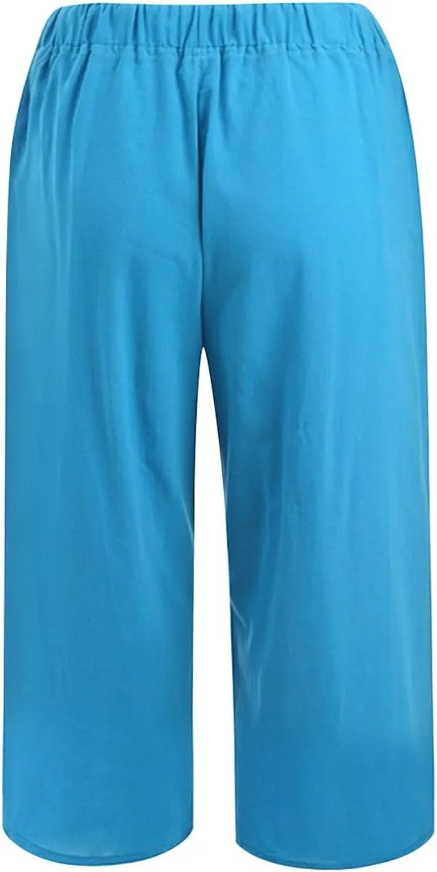 Linen Capri Pants for Women 2025 Casual Summer Capris Drawstring High Waist Pants Wide Leg Cropped Trousers w/Pockets