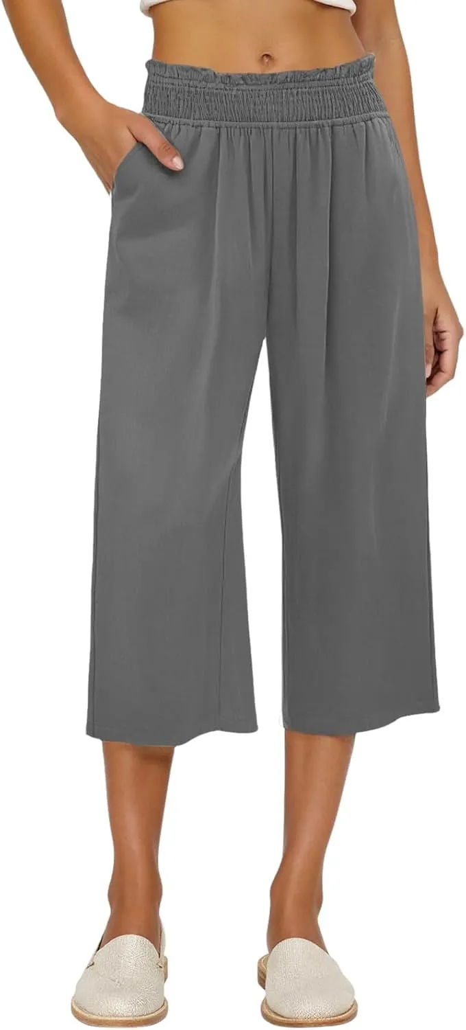 Linen Capri Pants for Women Summer Casual Elastic High Waist Cropped Pants Resort Wear Wide Leg Trousers with Pockets