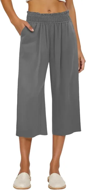 Linen Capri Pants for Women Summer Casual Elastic High Waist Cropped Pants Resort Wear Wide Leg Trousers with Pockets