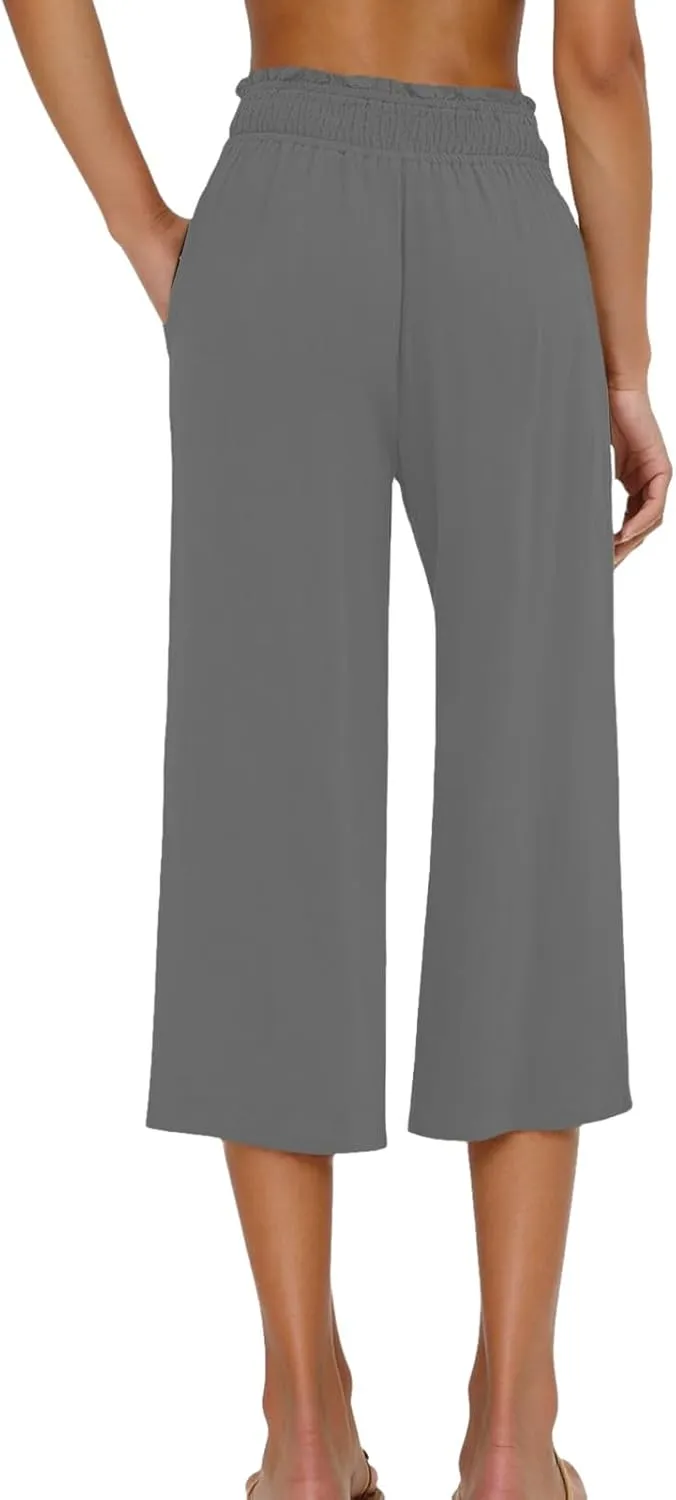 Linen Capri Pants for Women Summer Casual Elastic High Waist Cropped Pants Resort Wear Wide Leg Trousers with Pockets