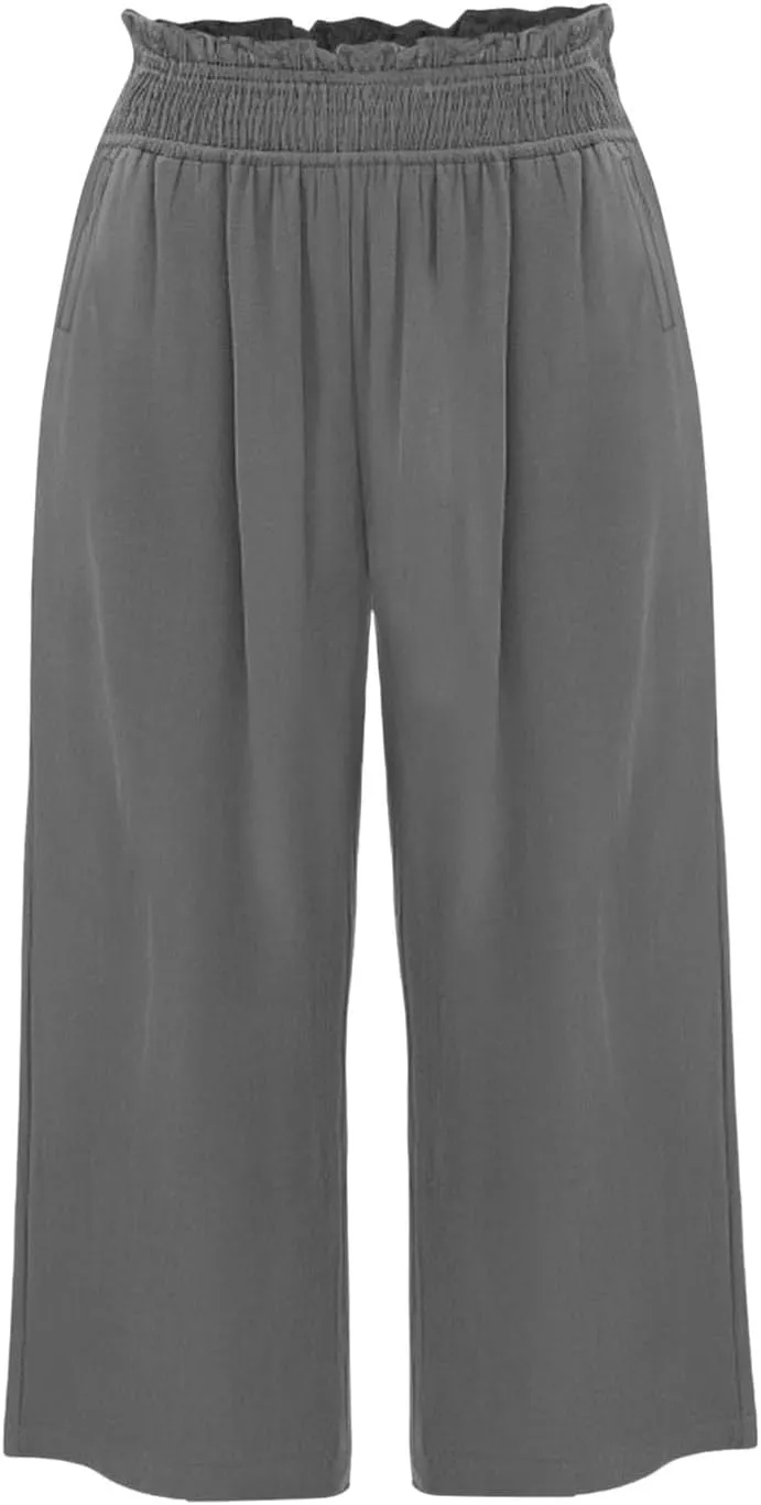 Linen Capri Pants for Women Summer Casual Elastic High Waist Cropped Pants Resort Wear Wide Leg Trousers with Pockets