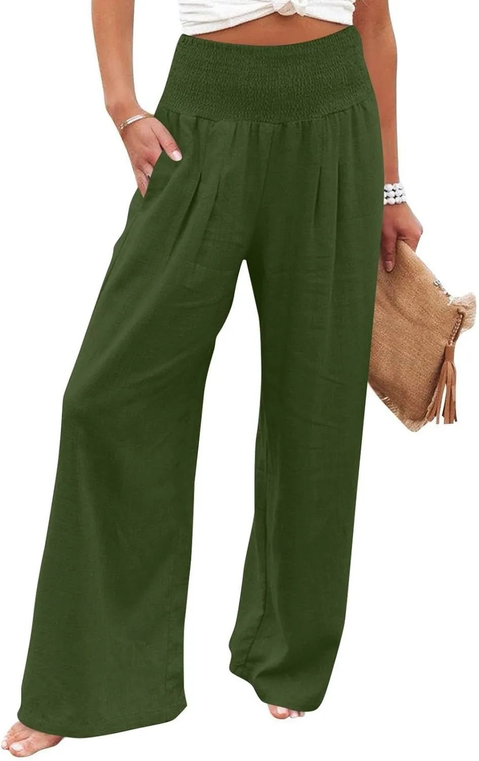 Linen Palazzo Pants for Women Casual Straight Drawstring Beach Loose Linen Outfits Women