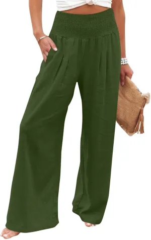 Linen Palazzo Pants for Women Casual Straight Drawstring Beach Loose Linen Outfits Women