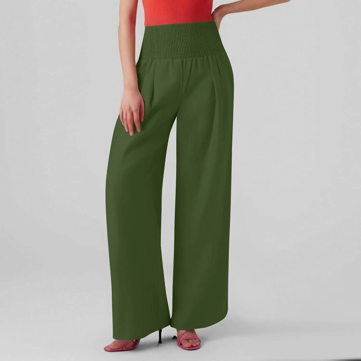 Linen Palazzo Pants for Women Casual Straight Drawstring Beach Loose Linen Outfits Women