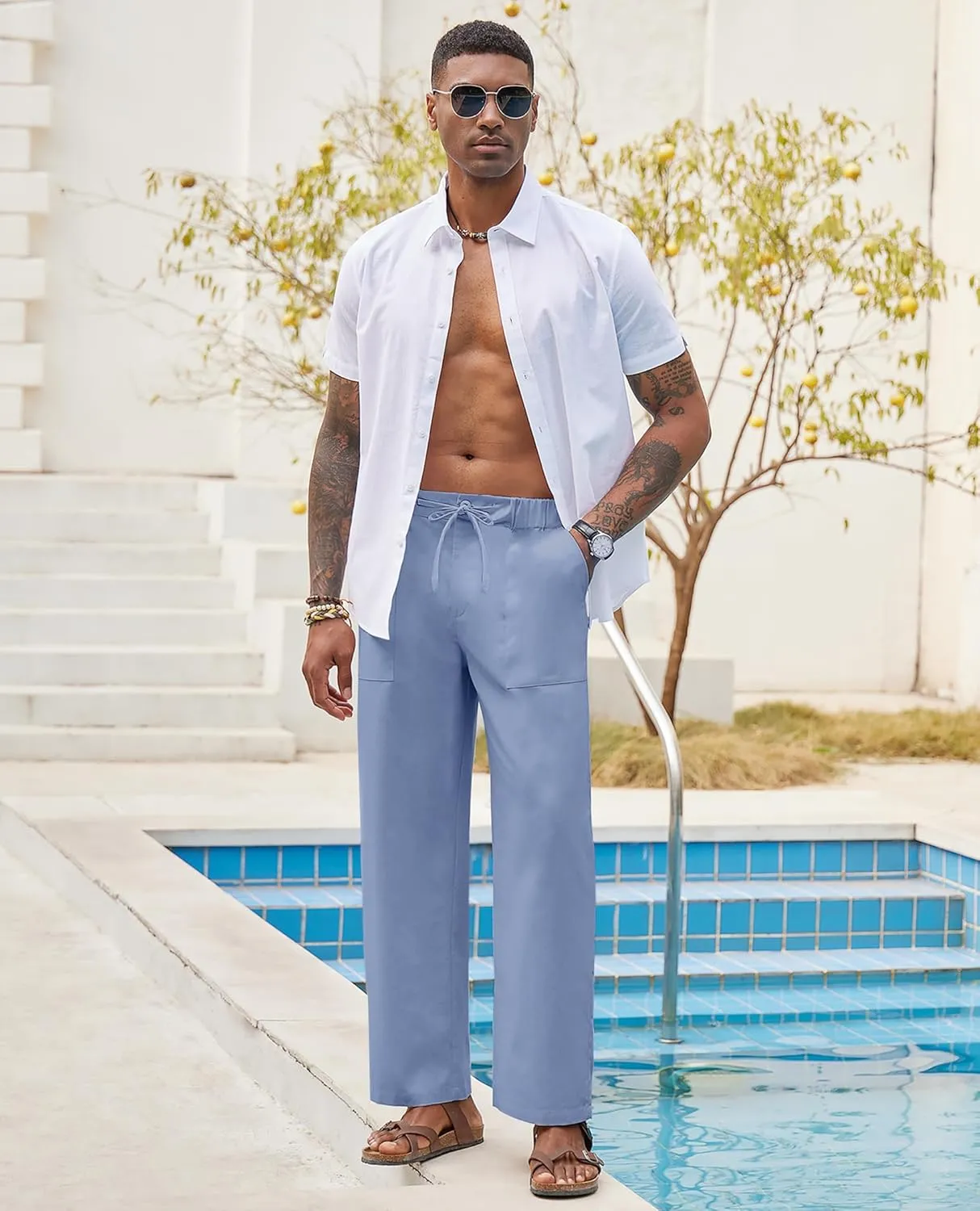 Linen Pants for Men - Casual Wide Leg Beach & Lounge Pants with Pockets