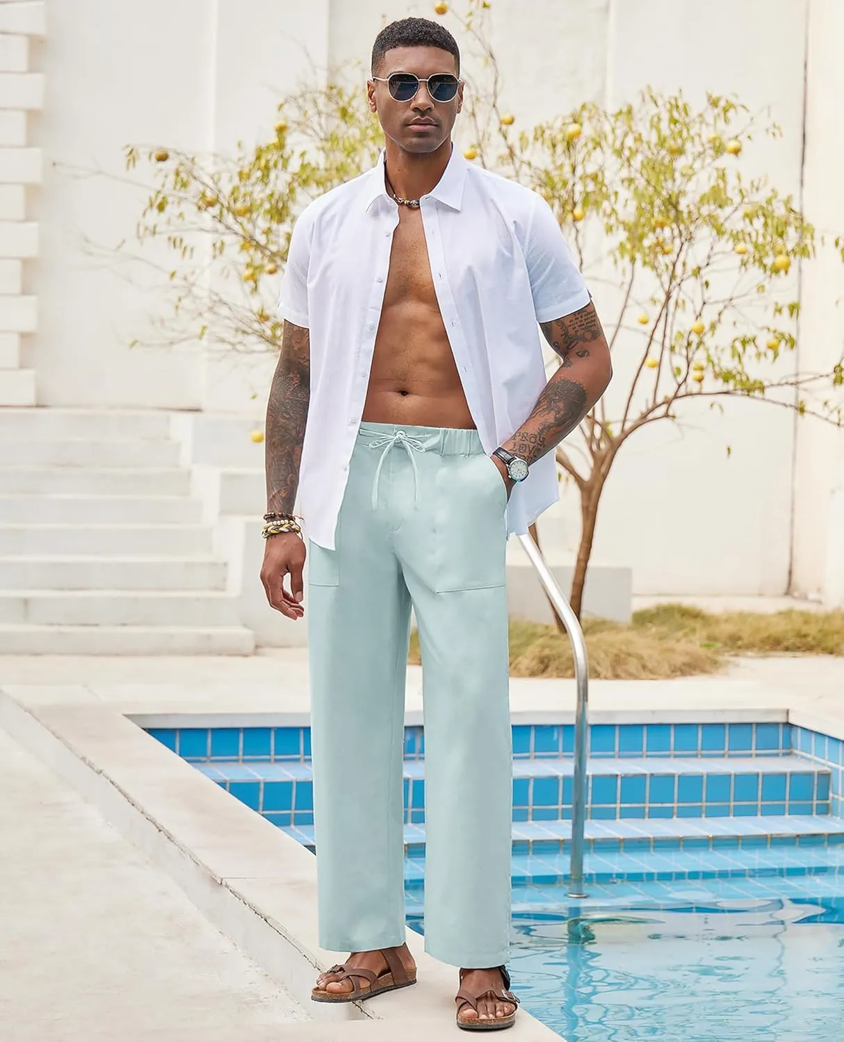 Linen Pants for Men - Casual Wide Leg Beach & Lounge Pants with Pockets