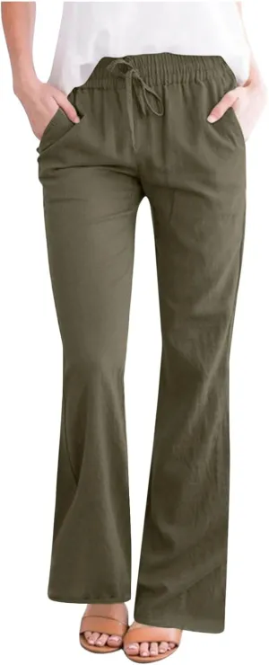 Linen Pants for Women 2025 Summer Casual Flare Trousers Drawstring Elastic High Waist Cotton Long Pant with Pockets