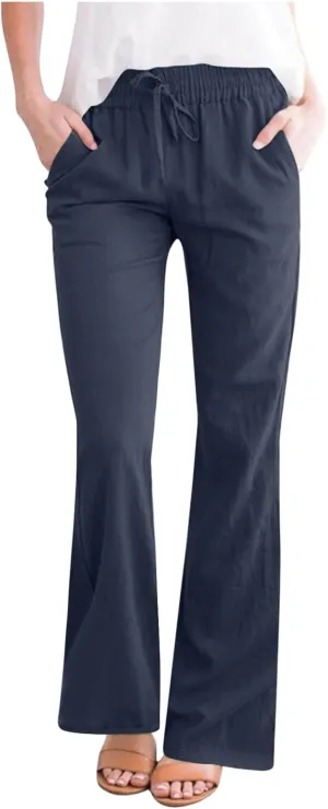 Linen Pants for Women 2025 Summer Casual Flare Trousers Drawstring Elastic High Waist Cotton Long Pant with Pockets