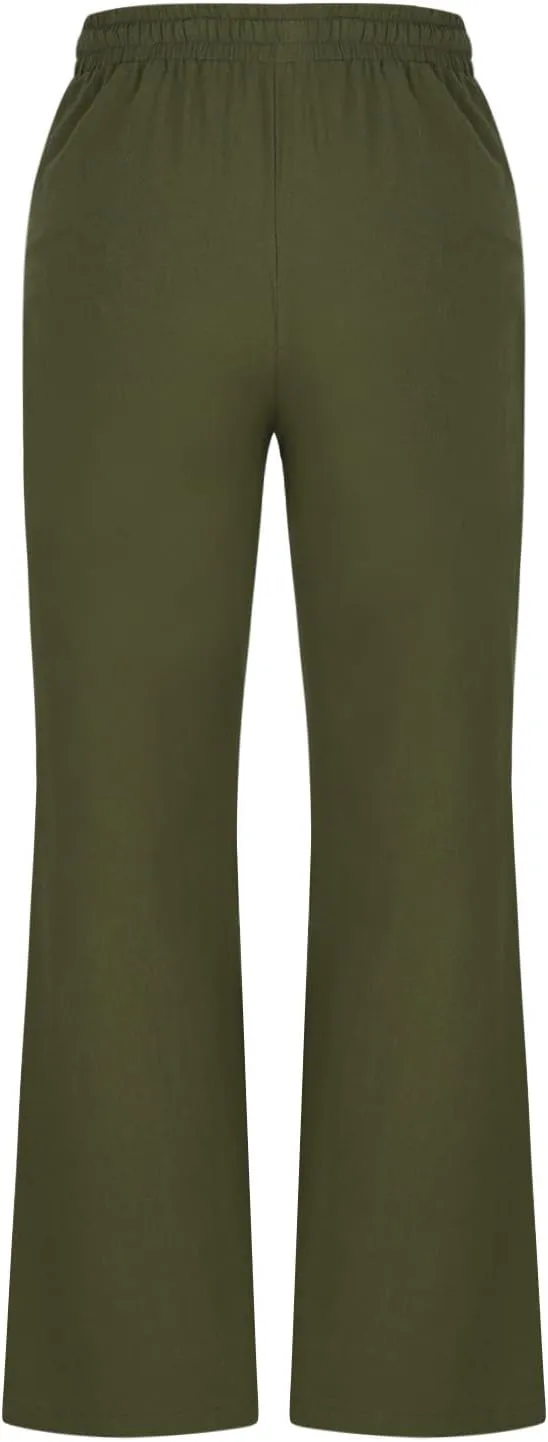 Linen Pants for Women 2025 Summer Casual Flare Trousers Drawstring Elastic High Waist Cotton Long Pant with Pockets