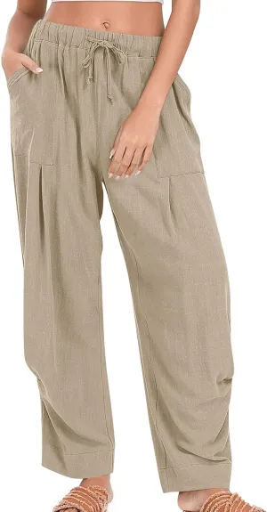 Linen Pants for Women Cotton Pleated Palazzo Pant Boho Drawstring Waist Wide Leg Trousers Summer 2025 Y2K Outfits