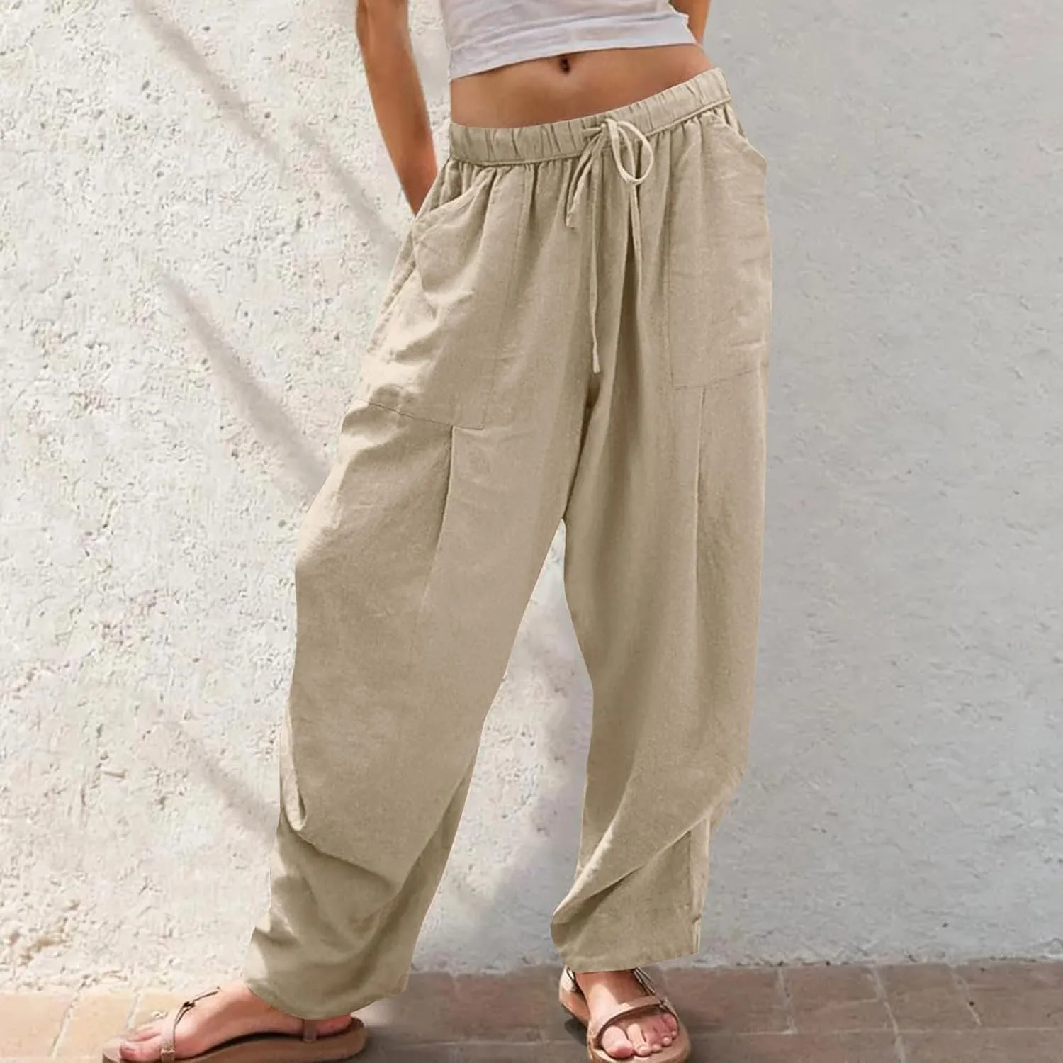 Linen Pants for Women Cotton Pleated Palazzo Pant Boho Drawstring Waist Wide Leg Trousers Summer 2025 Y2K Outfits