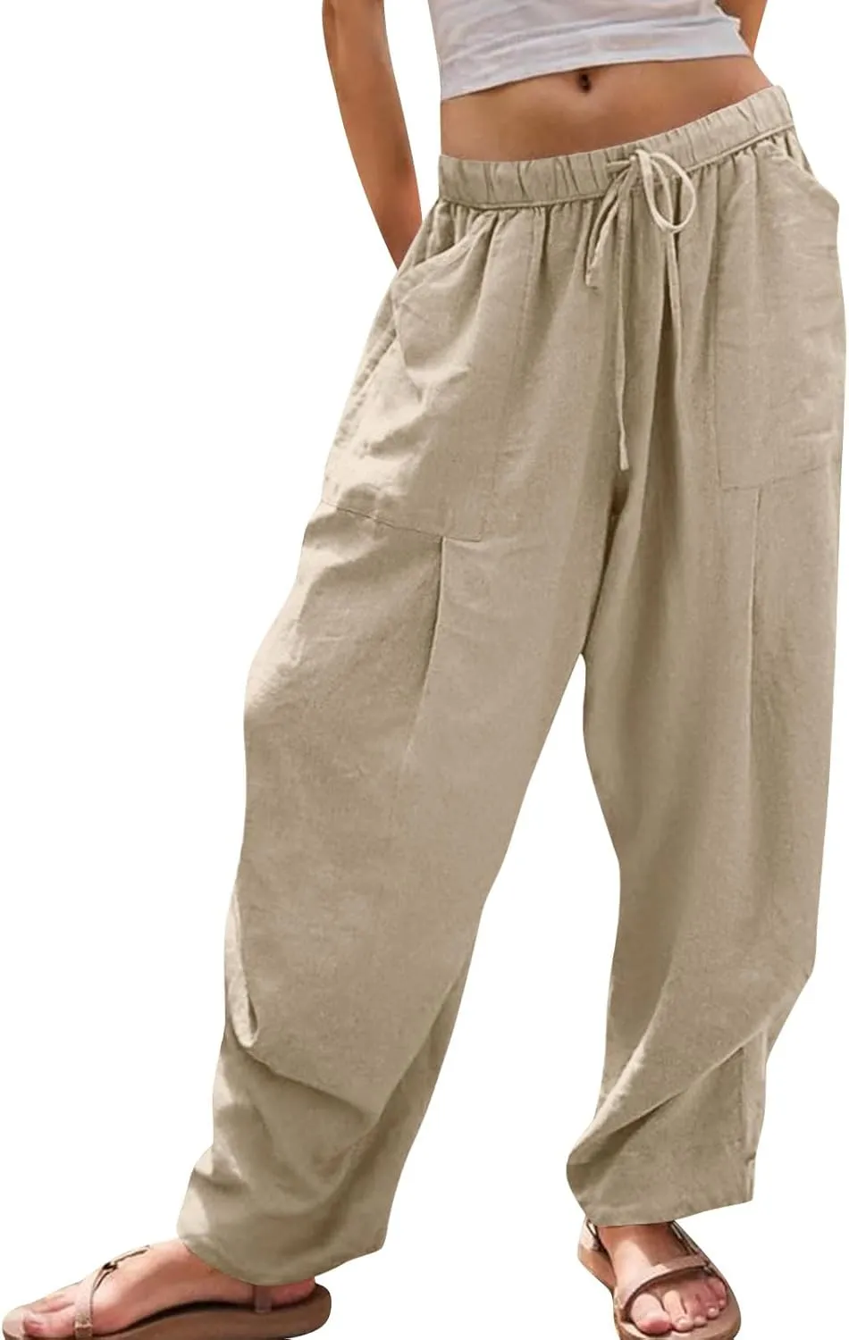 Linen Pants for Women Cotton Pleated Palazzo Pant Boho Drawstring Waist Wide Leg Trousers Summer 2025 Y2K Outfits