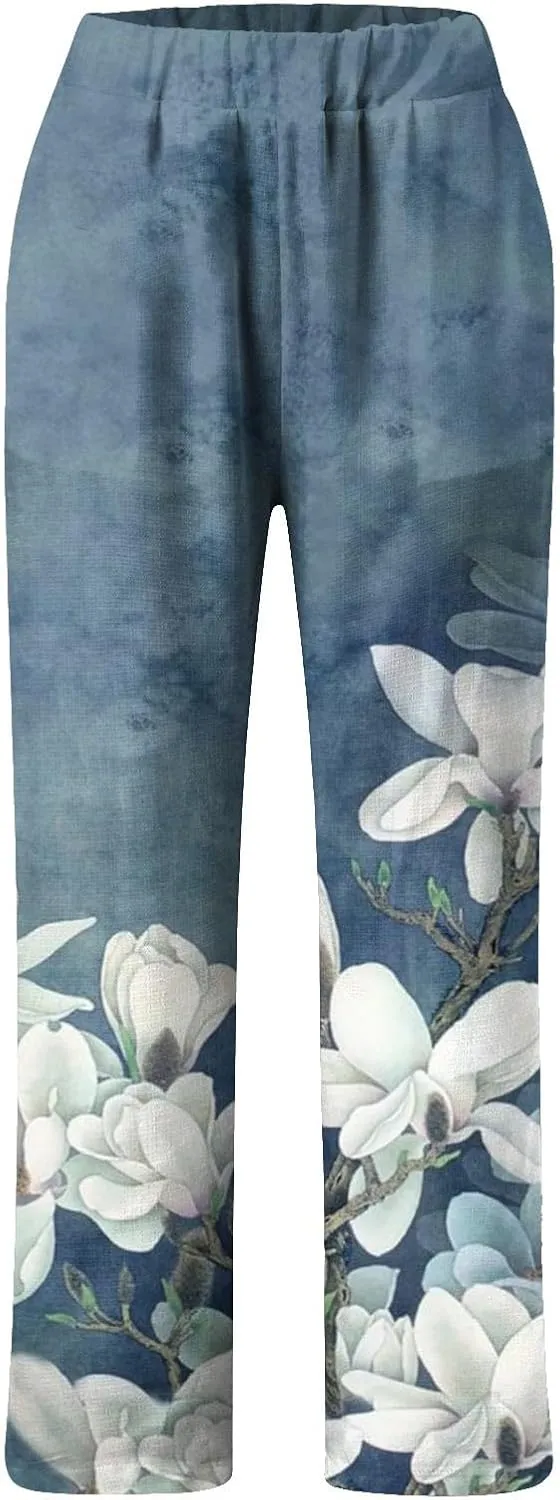 Linen Pants for Women Elastic High Waist Floral Print Straight Leg Pants Solid Color Lightweight Beach Trousers with Pockets