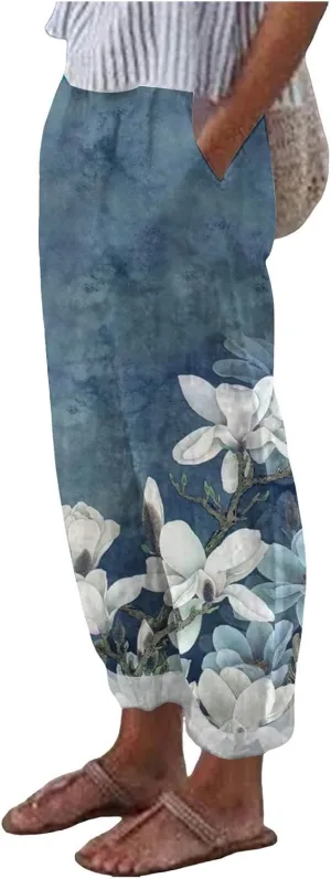 Linen Pants for Women Elastic High Waist Floral Print Straight Leg Pants Solid Color Lightweight Beach Trousers with Pockets