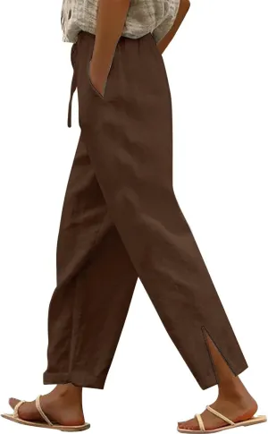 Linen Pants for Women Summer High Waist Elastic Gauze Pant Lightweight Comfy Lounge Straight Leg Pant Trousers