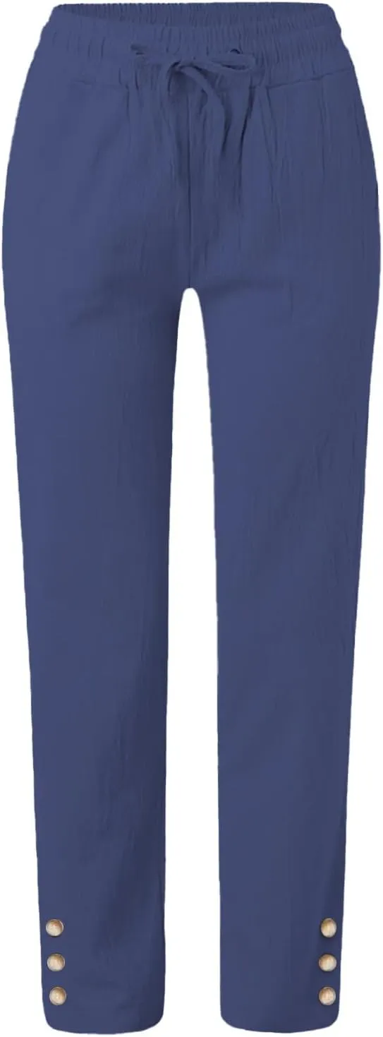 Linen Pants Women Elastic Waist Straight Leg Drawstring Lounge Capri Pants Casual Summer Work Pants Trousers 2025