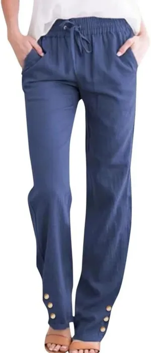 Linen Pants Women Elastic Waist Straight Leg Drawstring Lounge Capri Pants Casual Summer Work Pants Trousers 2025