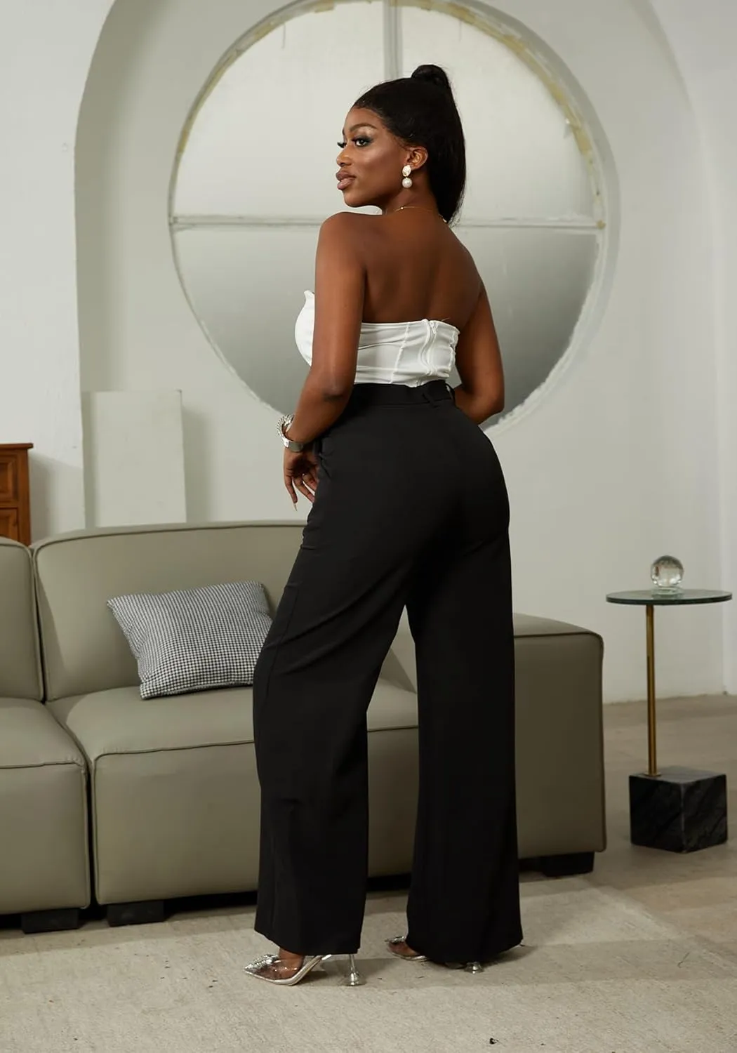 LKOUS Casual Wide Leg Dress Pants Women,High Waisted Work Pant Straight Leg Trousers with Pockets