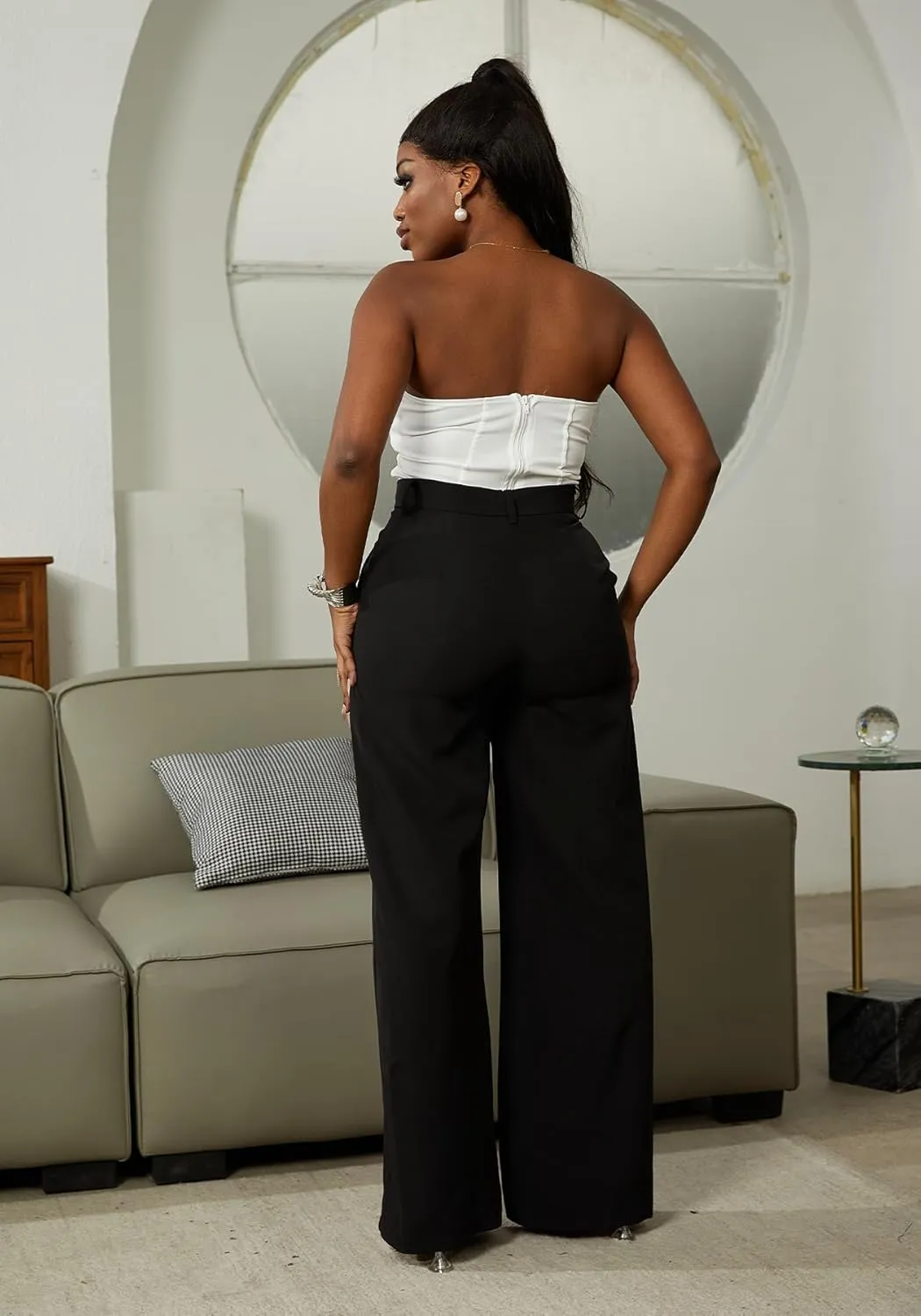LKOUS Casual Wide Leg Dress Pants Women,High Waisted Work Pant Straight Leg Trousers with Pockets