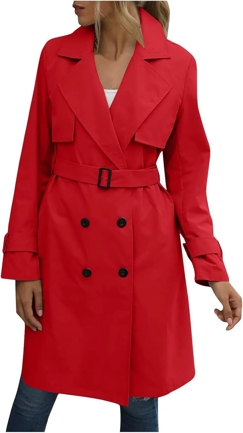 Long Trench Coats for Women Trendy Classic Overcoat Slim Jackets Winter Warm Overcoat Windproof Coat with Belt