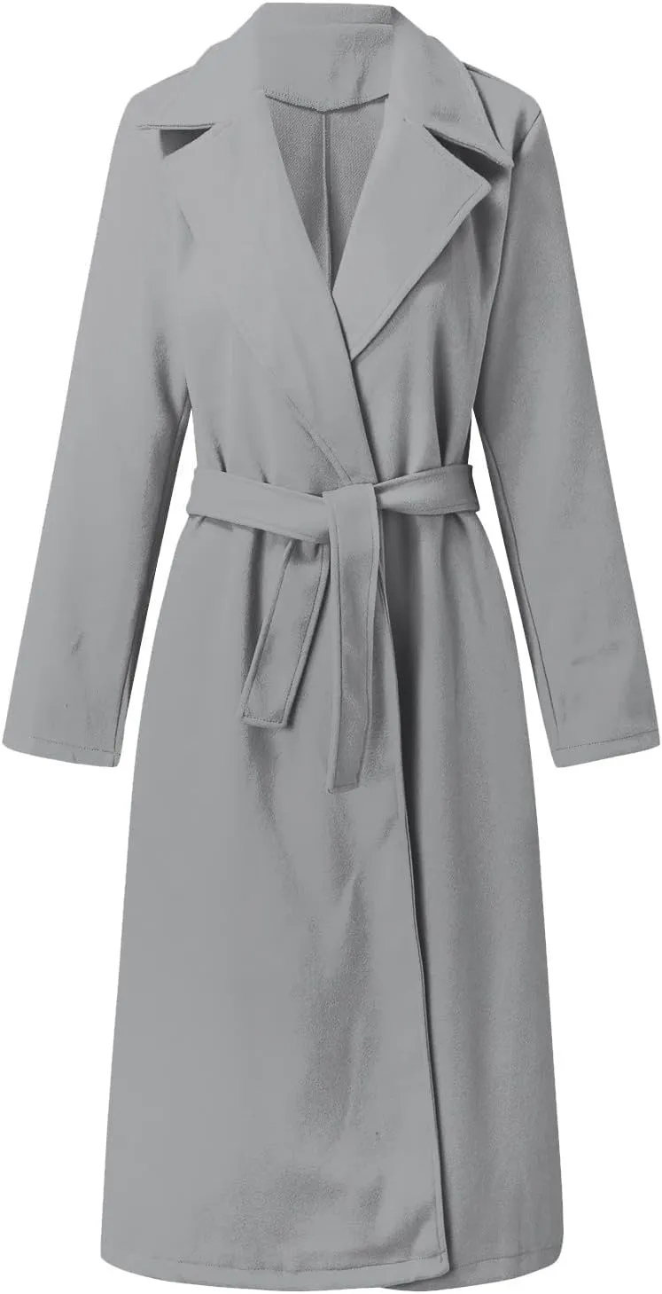 Long Wool Coats for Women Trendy Notched Collar Open Front Trench Coat Woolen Blend Warm Fall Winter Jacket Outwear