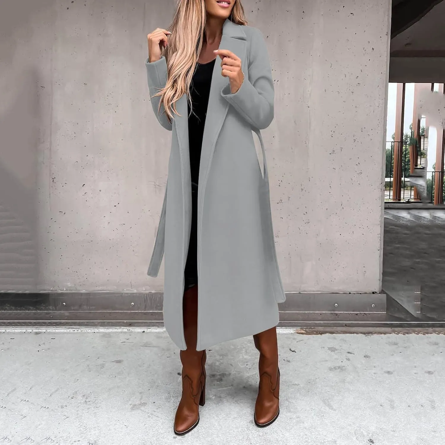 Long Wool Coats for Women Trendy Notched Collar Open Front Trench Coat Woolen Blend Warm Fall Winter Jacket Outwear