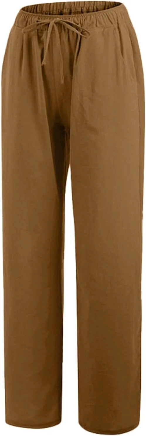 Lounge Pants for Women Straight Leg Solid Color High Waisted Pant Drawstring Elastic Waist Baggy Trouser with Pockets