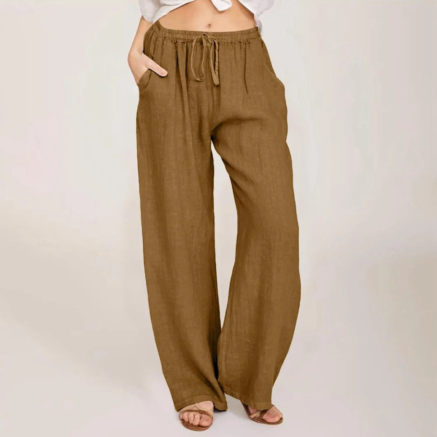 Lounge Pants for Women Straight Leg Solid Color High Waisted Pant Drawstring Elastic Waist Baggy Trouser with Pockets