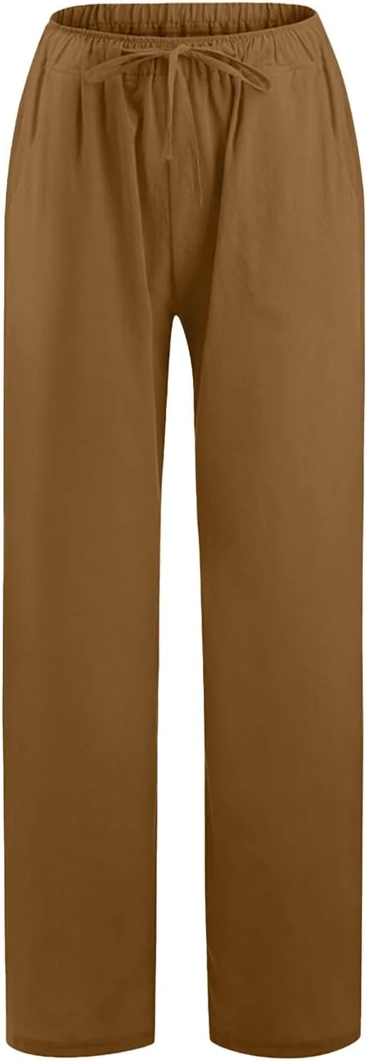 Lounge Pants for Women Straight Leg Solid Color High Waisted Pant Drawstring Elastic Waist Baggy Trouser with Pockets